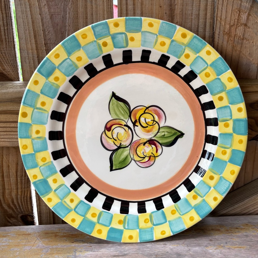 Vintage 90s Vicki Carroll Razzle Dazzle Hand Painted Deep Serving Plate 12 1/8”W